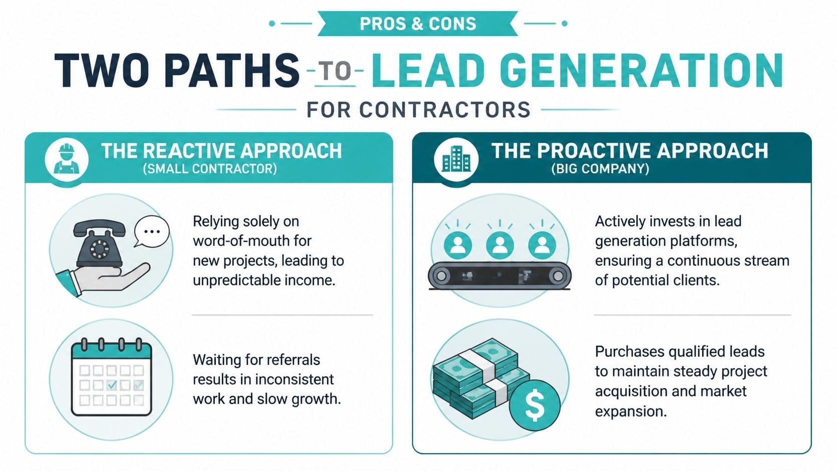 A comparison infographic showing reactive versus proactive lead generation approaches for contractors, highlighting income stability and growth.