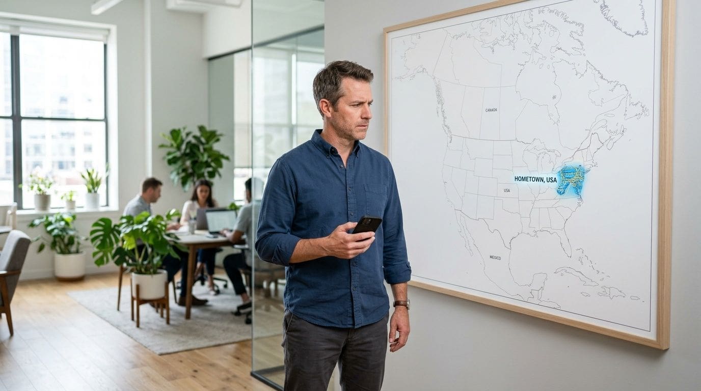 A professional man in an office setting looking at a map on the wall showing a highlighted location.