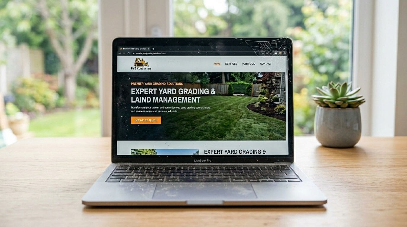 A MacBook Pro displaying a yard grading contractors website on a wooden desk by a bright window.
