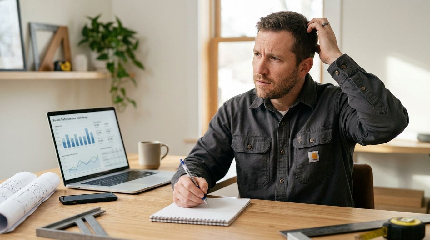 A confused businessman sitting at a wooden desk with a laptop displaying data charts while taking notes.