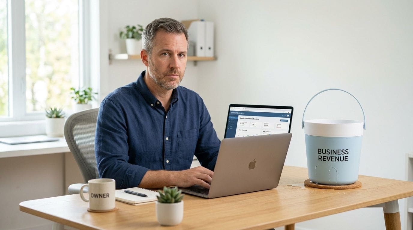 A concerned business owner working on a laptop next to a leaking business revenue bucket on his desk.