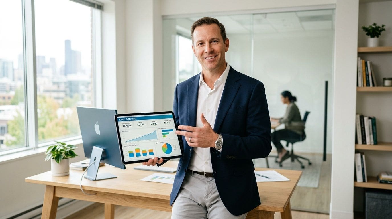 A professional man holding a digital tablet displaying marketing data analytics in a modern office workspace.