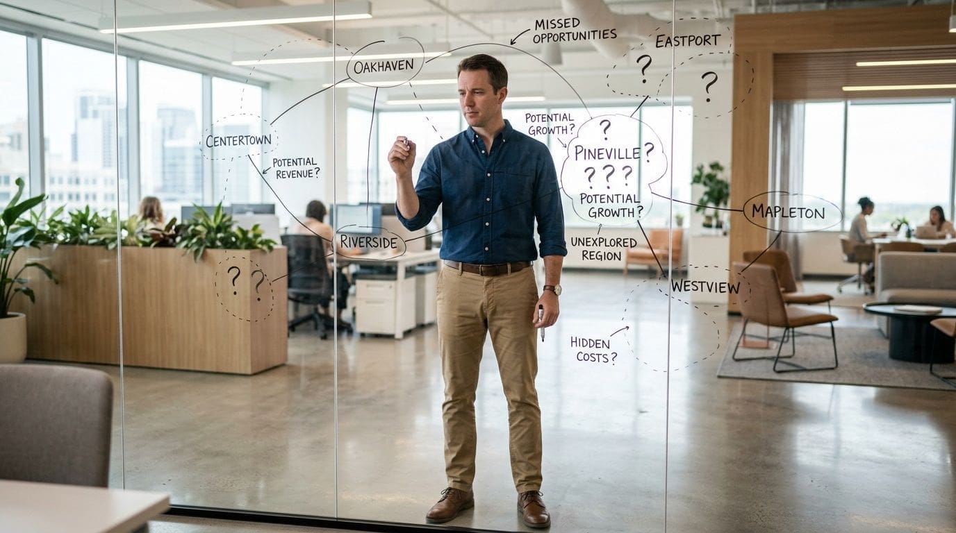 A professional man drawing a strategic business diagram on a glass office wall with markers.