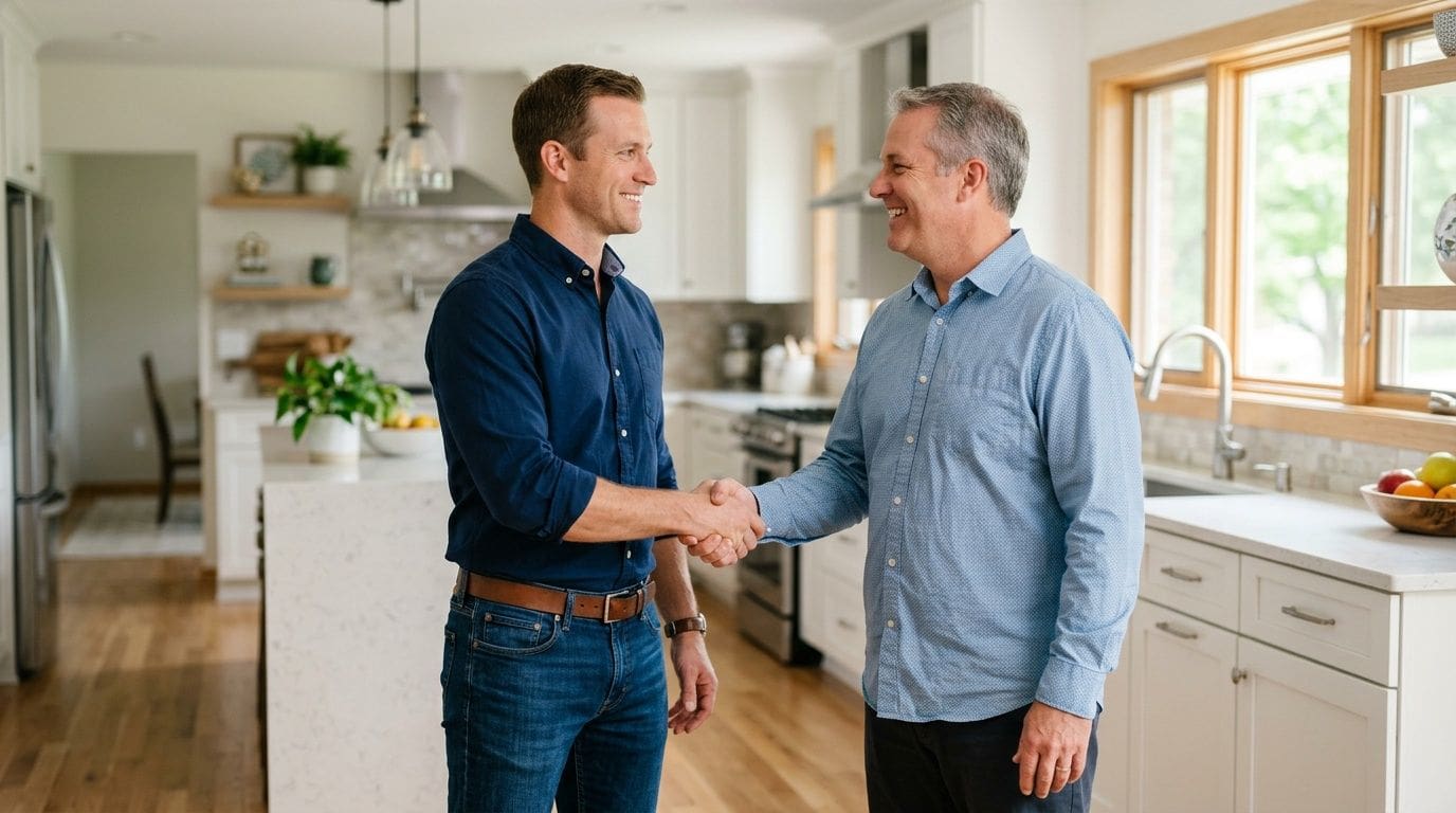 A professional contractor and a homeowner shaking hands in a bright, modern kitchen interior.