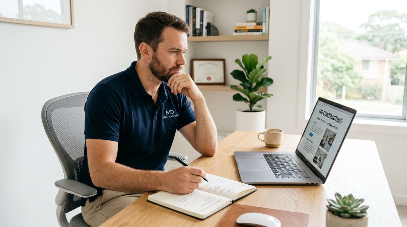 A professional contractor sitting at his desk working on a laptop and taking notes in a notebook.