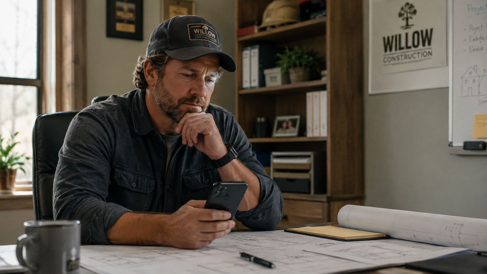 A professional construction project manager wearing a branded baseball cap reviews blueprints while looking at his smartphone.