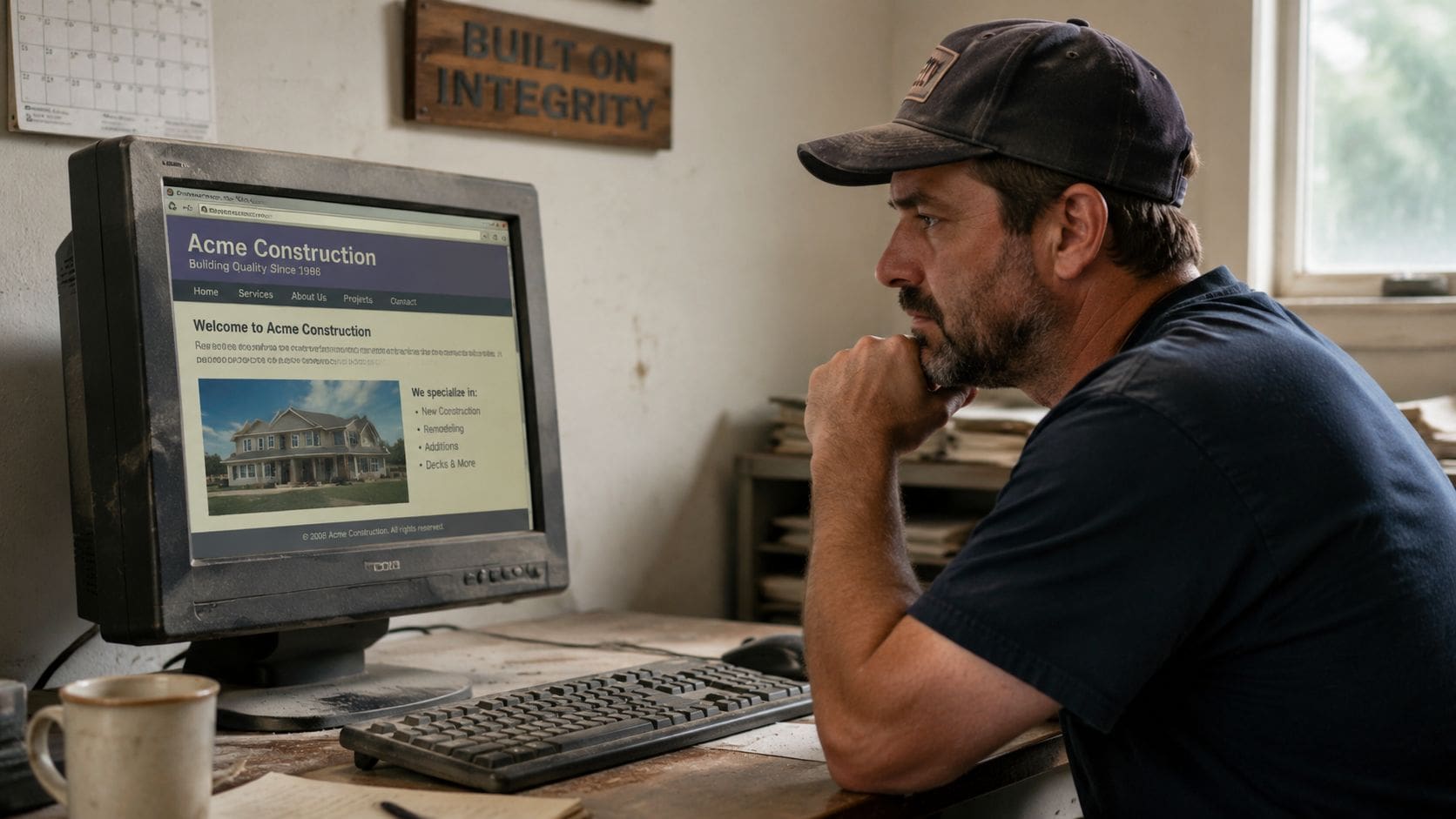 A middle-aged man wearing a work cap sitting at a desk and reviewing a website.