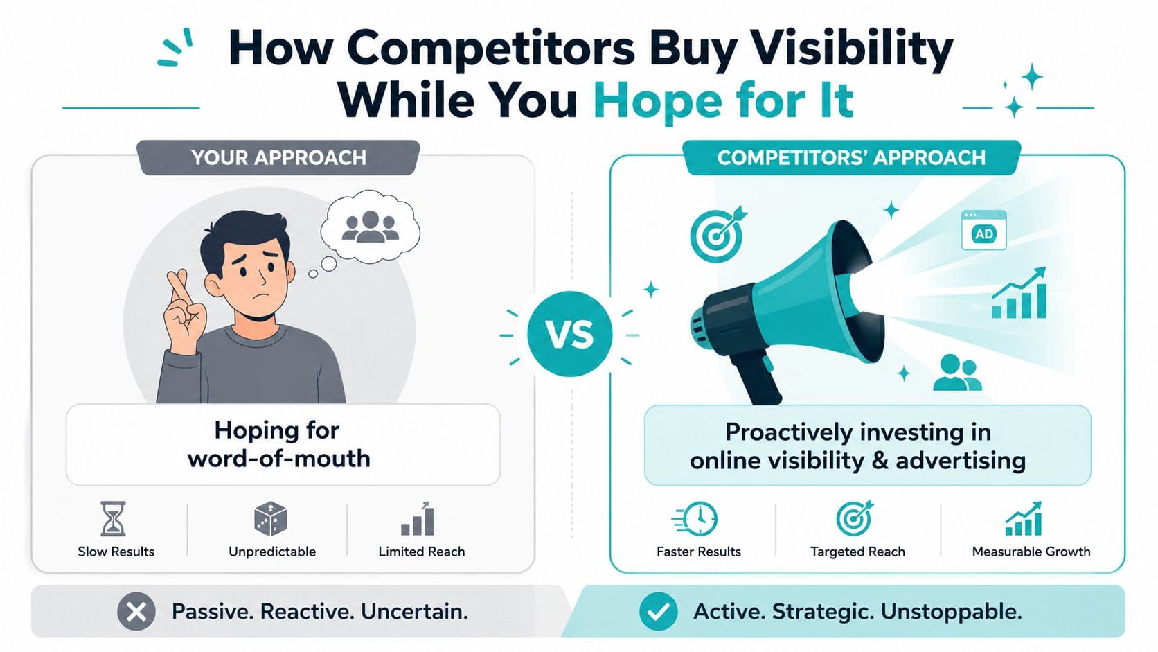 A comparison infographic showing the difference between relying on word-of-mouth versus proactive digital advertising for business growth.