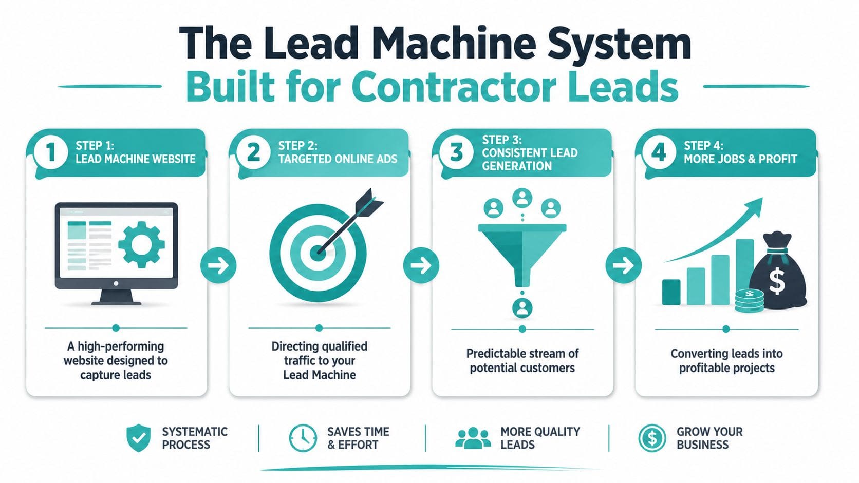 A four-step lead generation system infographic designed to help contractors increase jobs and overall business profit.