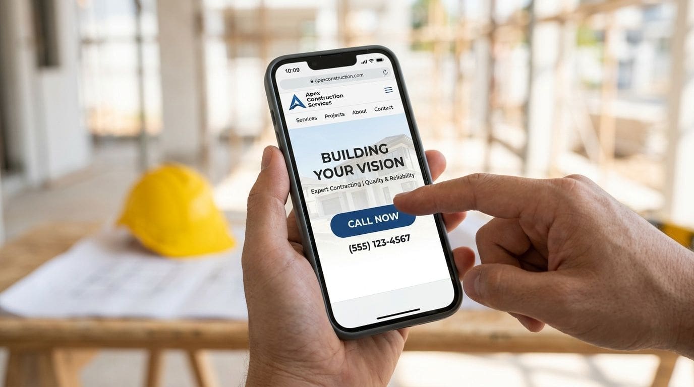 A person holding a smartphone displaying a construction company website on a project site background.