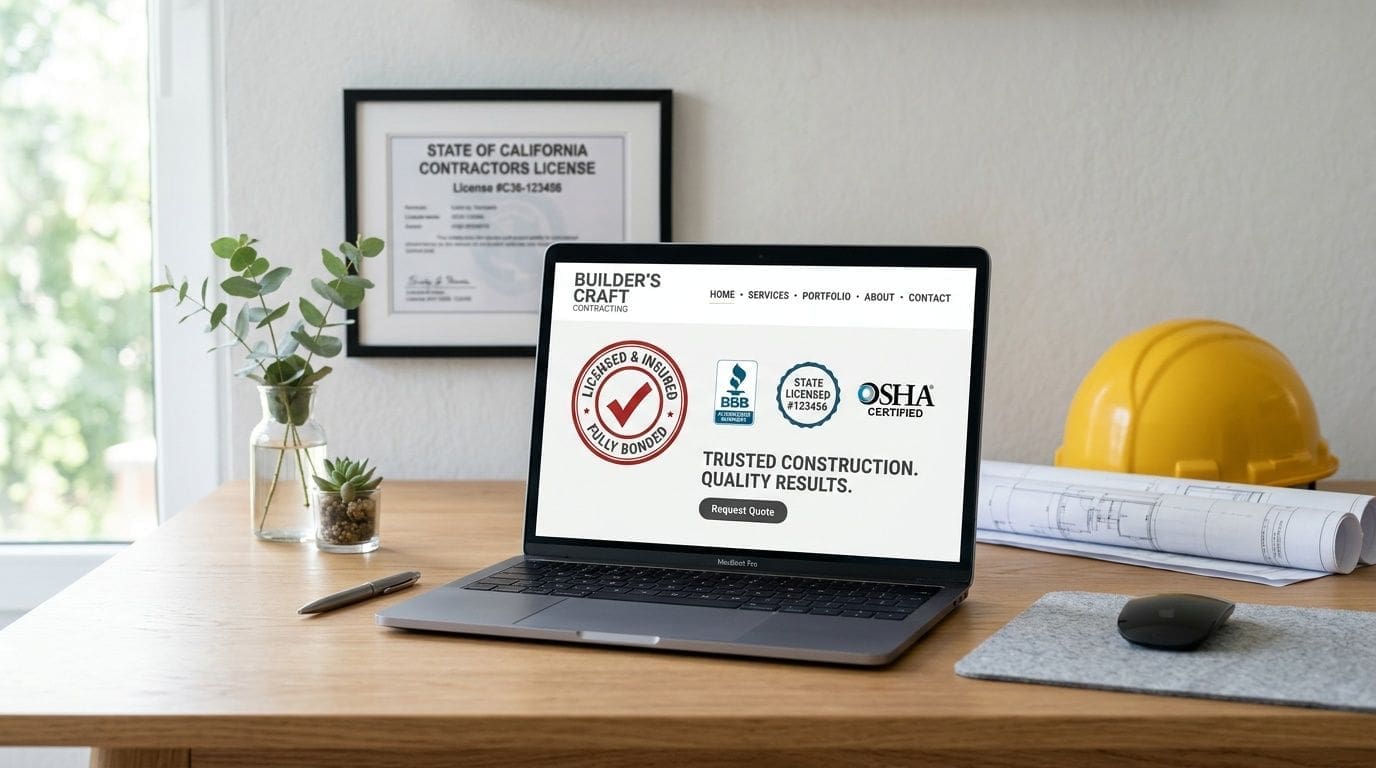 A modern laptop on a wooden desk displaying a professional contractor website with business credentials.