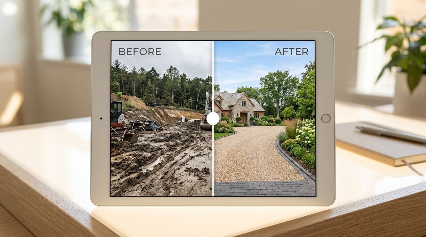 An iPad display showing a before and after comparison of a construction site transformed into a beautiful landscape.