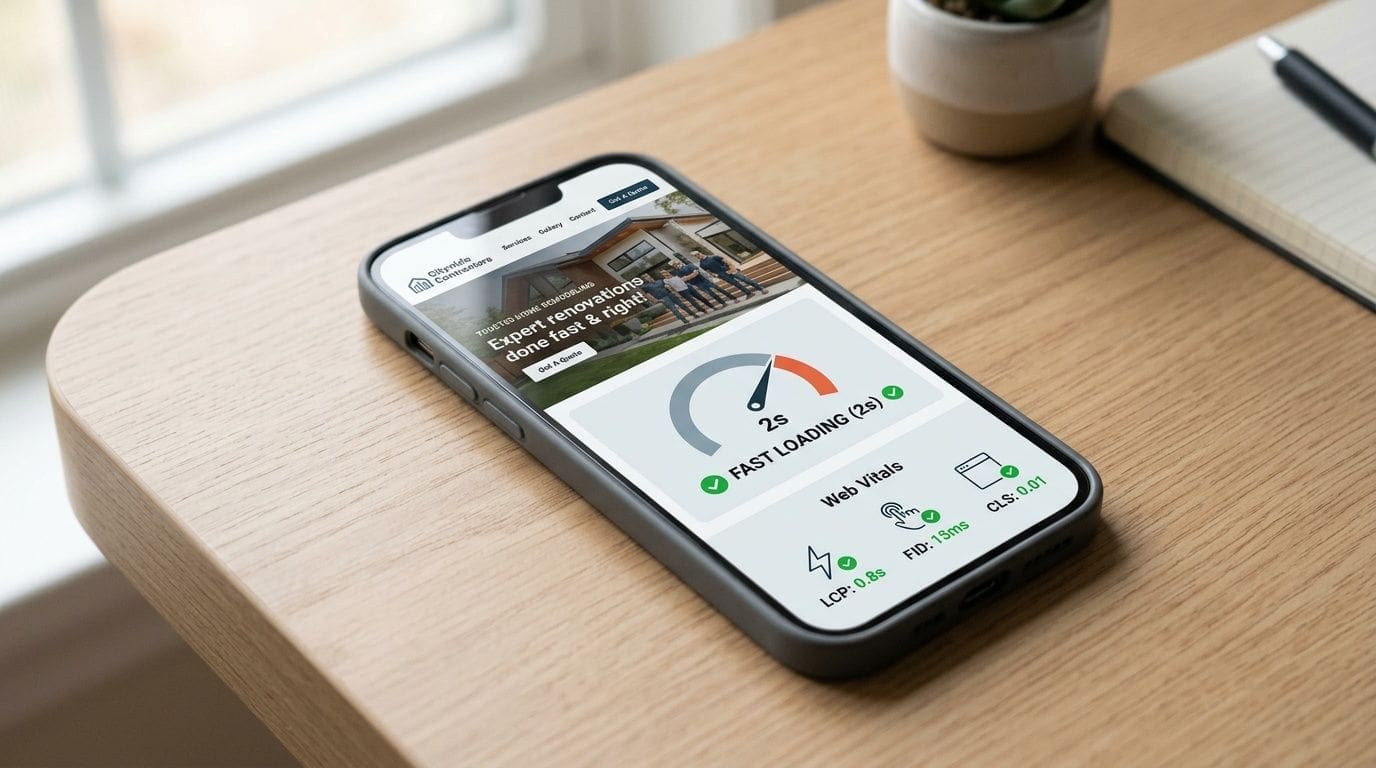 A smartphone screen displaying a mobile-optimized contractor website showcasing fast loading speeds and core web vitals metrics.
