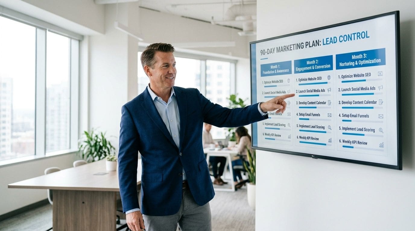 A professional man in a blue blazer presenting a 90-day marketing plan on a screen in an office.