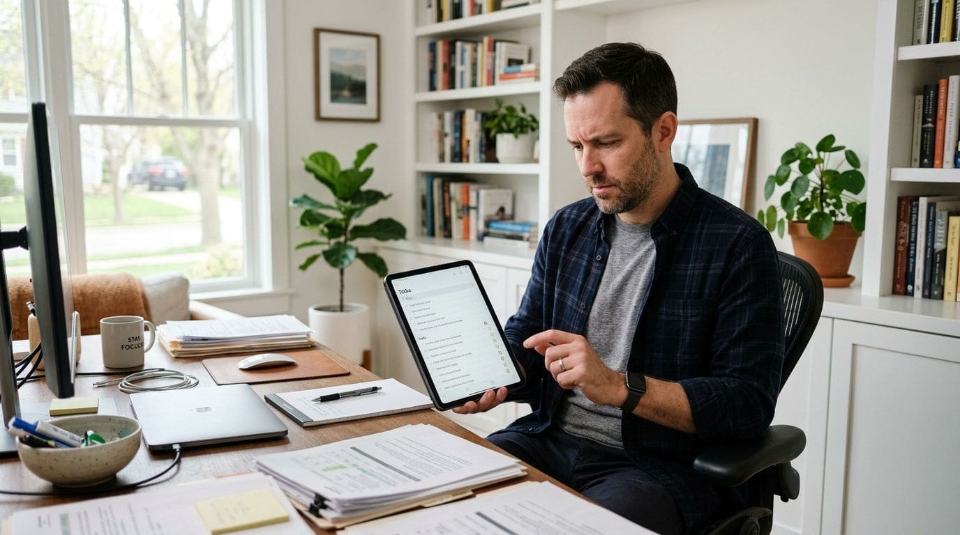 A man working in his home office, reviewing a task list on his tablet.