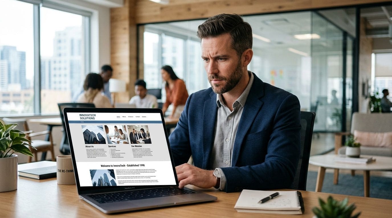 A professional man wearing a blazer working on a laptop in a bright modern corporate office setting.