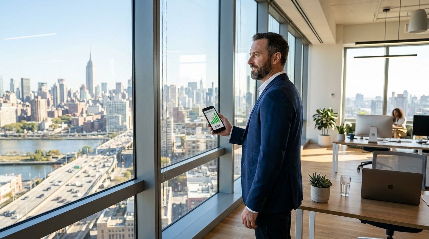 A smiling businessman in a suit looks out an office window at a city skyline while holding a phone.