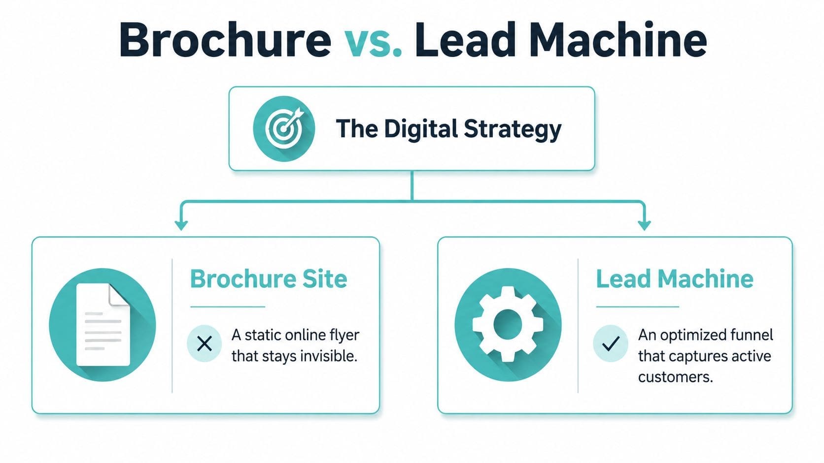 A diagram comparing a static brochure website to an optimized lead generation machine for digital marketing strategies.