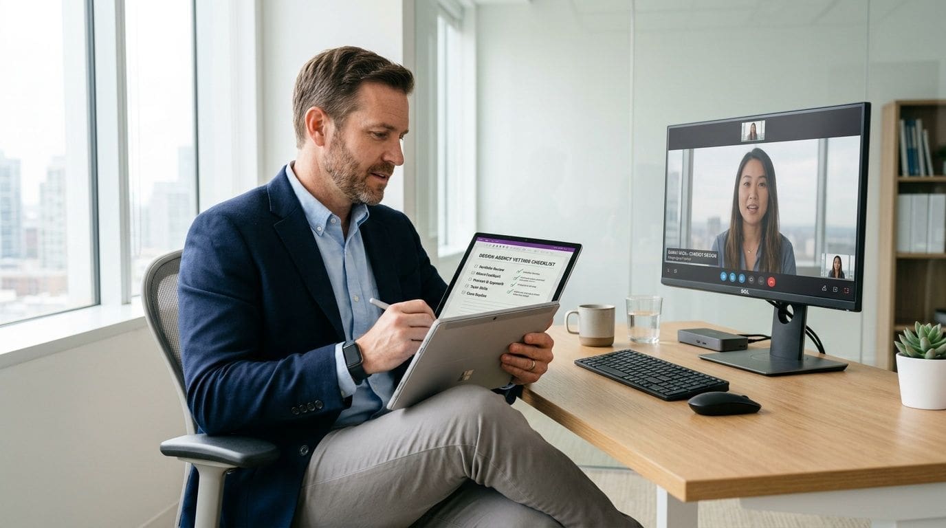 A professional man holding a tablet with a stylus while video conferencing on a desktop computer monitor.