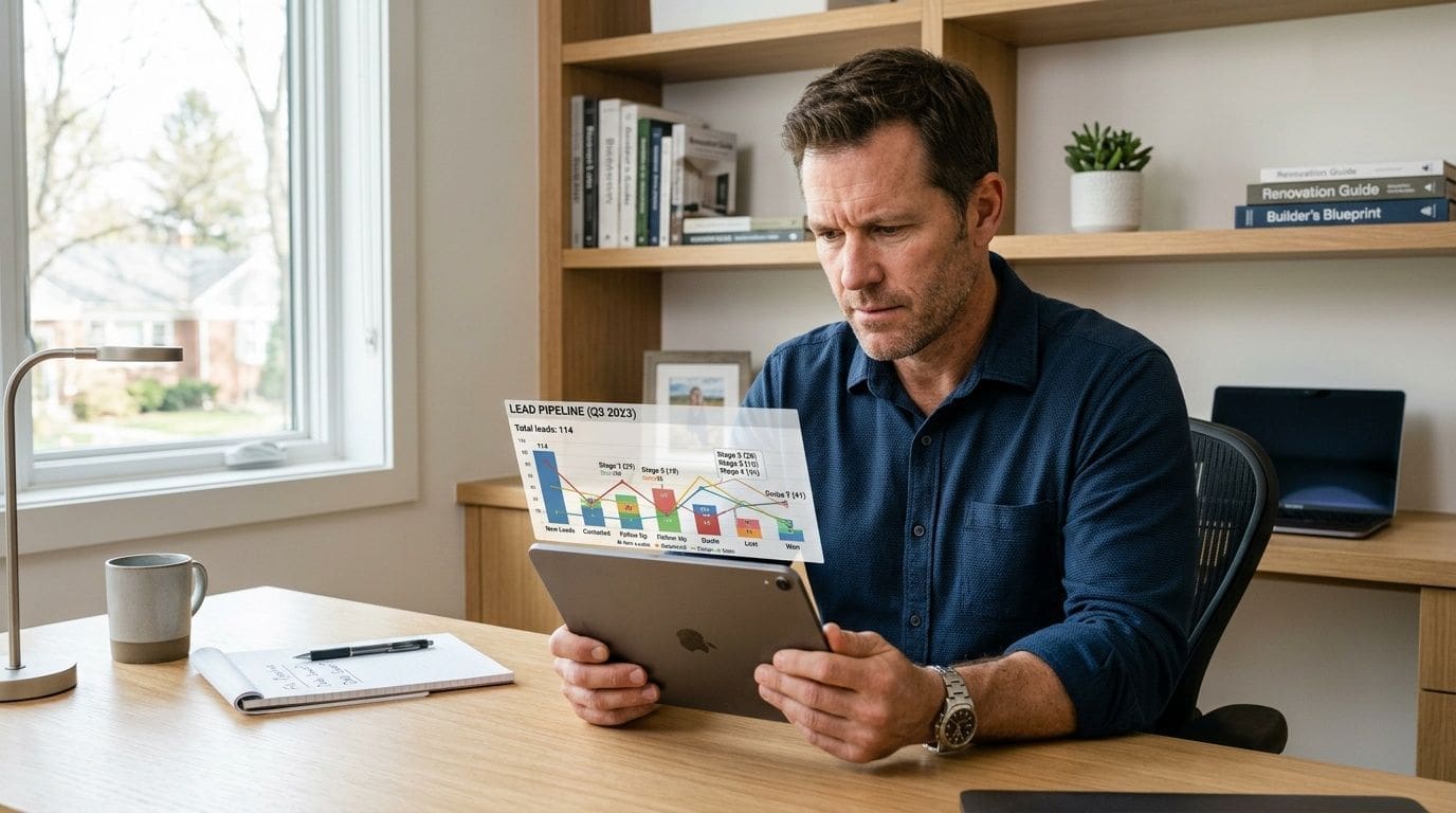 A professional contractor reviewing lead pipeline analytics on a tablet while working at his modern home office desk.