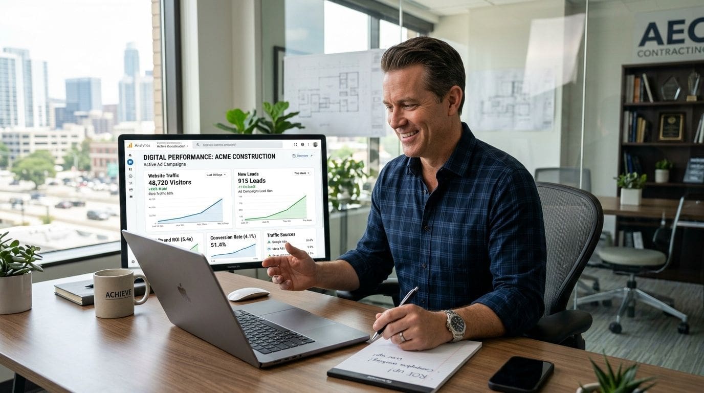 A professional man reviewing construction digital marketing analytics and lead performance on a computer screen in an office.