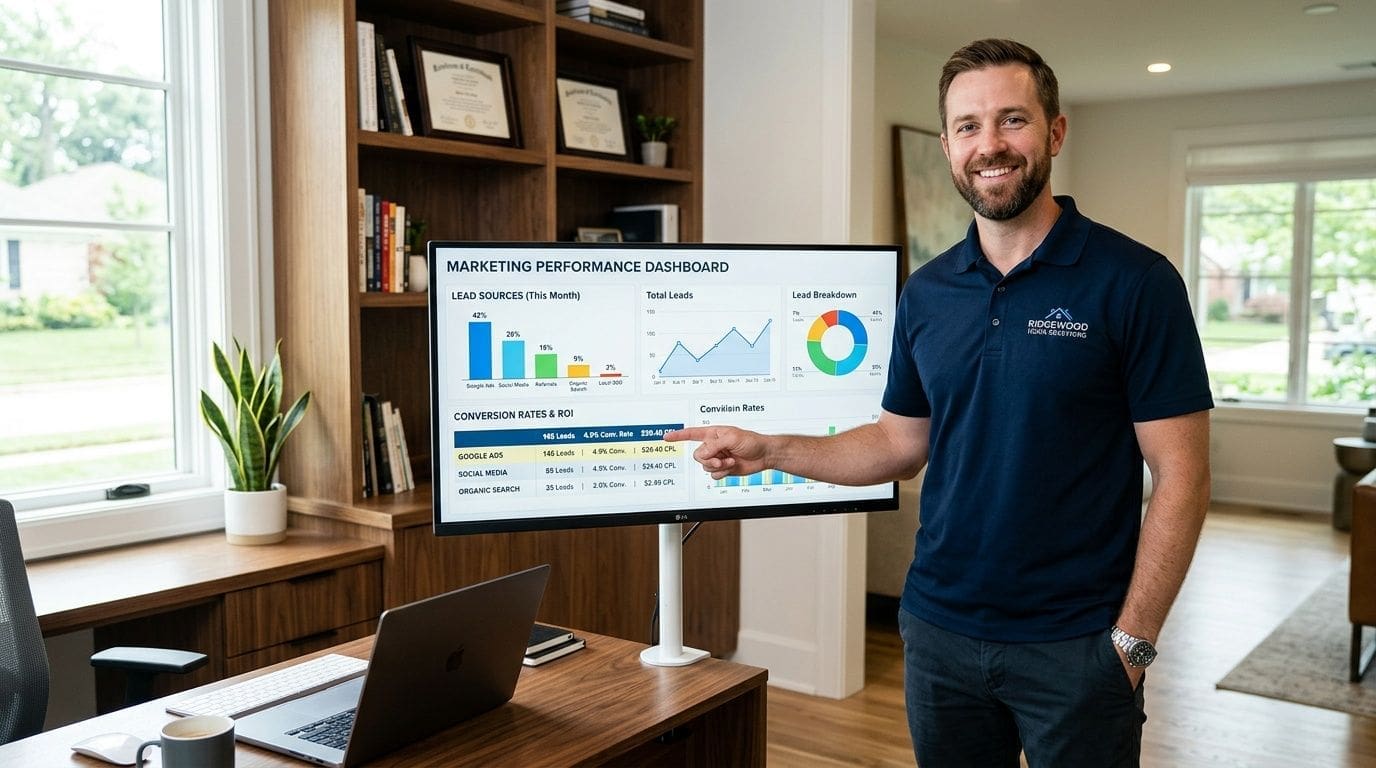 A professional man standing in an office presenting a marketing performance dashboard on a computer monitor.