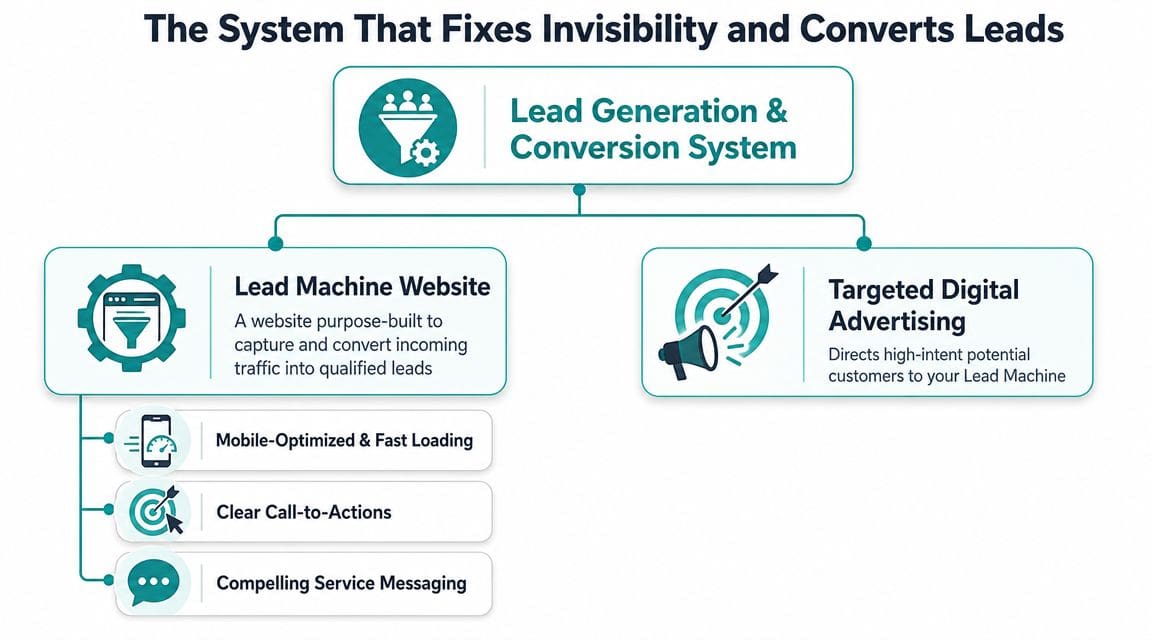 A diagram illustrating a digital marketing system with lead generation, lead machine websites, and targeted digital advertising.