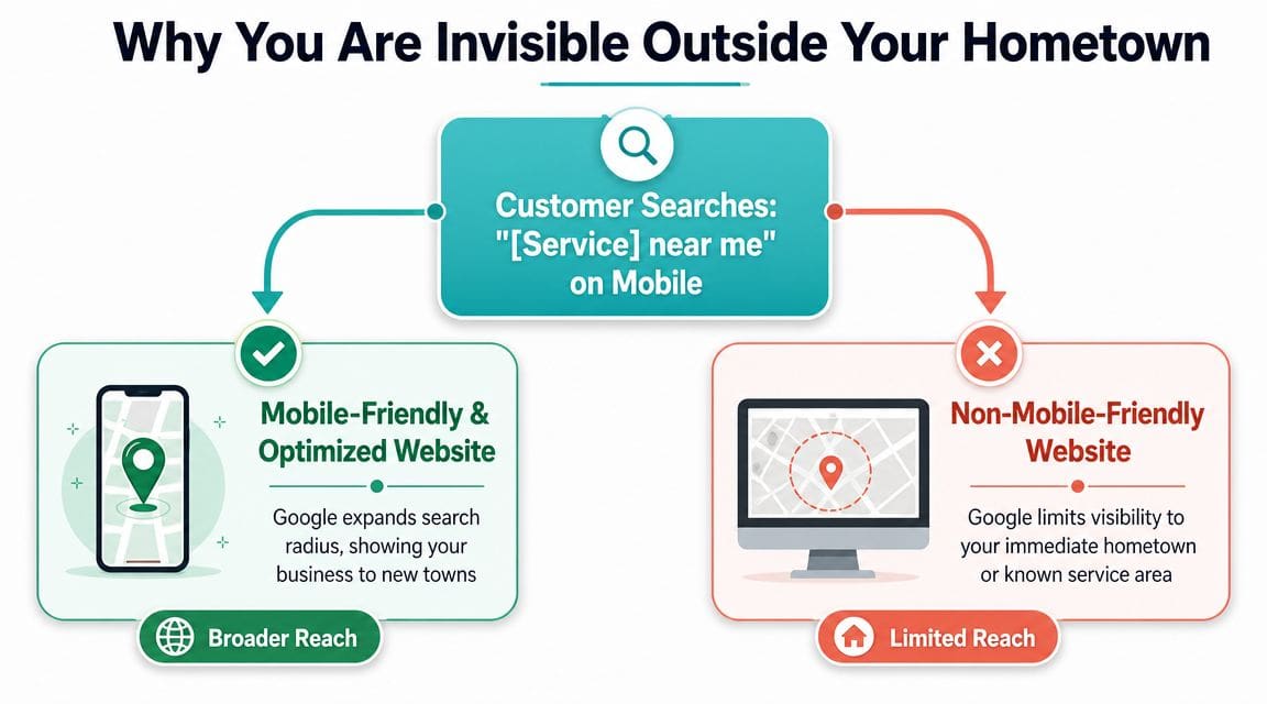 A flowchart showing how mobile-friendly websites expand business reach compared to non-mobile-friendly sites for local searches.