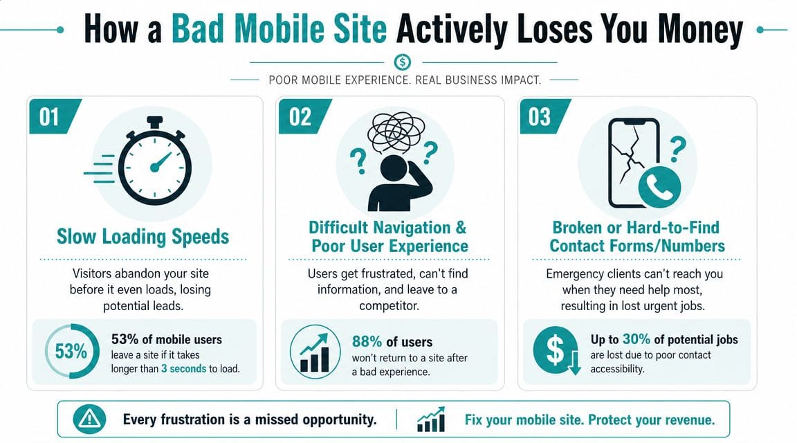 An infographic showing how slow mobile sites, poor navigation, and broken contact forms lose businesses money.