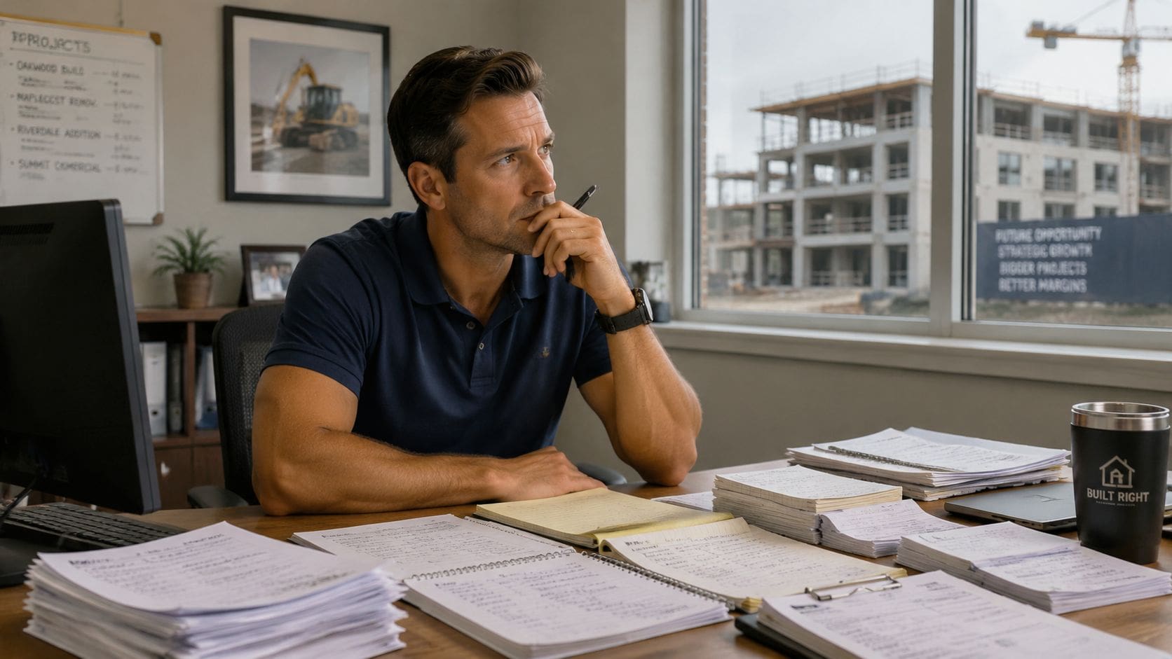 A professional contractor in an office looking out the window at a construction site with project files.