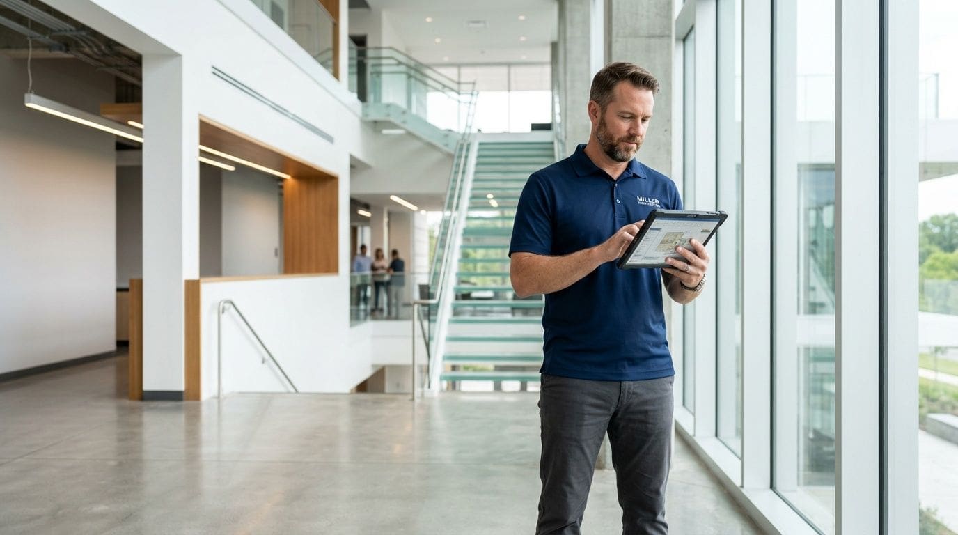 A professional construction inspector using a digital tablet inside a modern office building lobby with stairs.