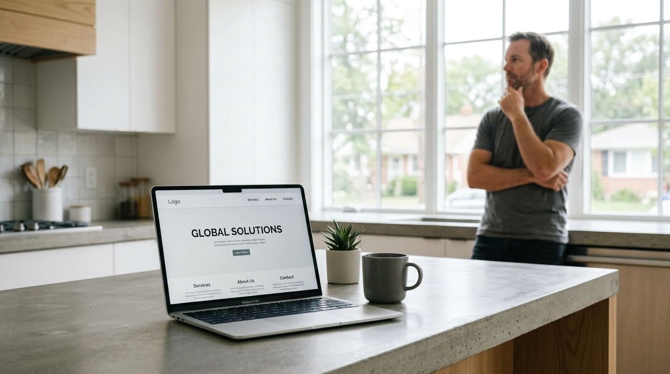 A man stands thoughtfully in a kitchen while a laptop displays a professional website on the counter.
