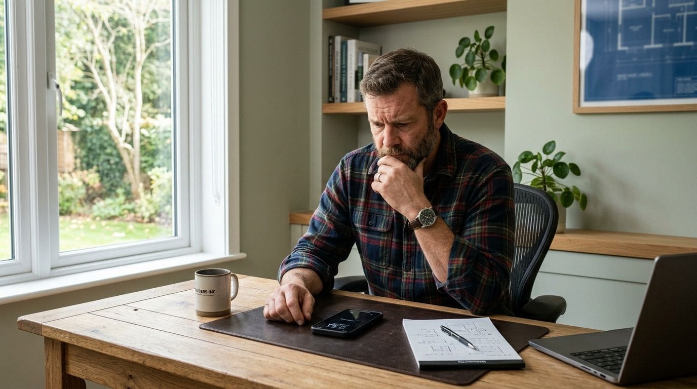 A middle-aged man in a plaid shirt sits at a wooden desk, thoughtfully analyzing business documents and plans.