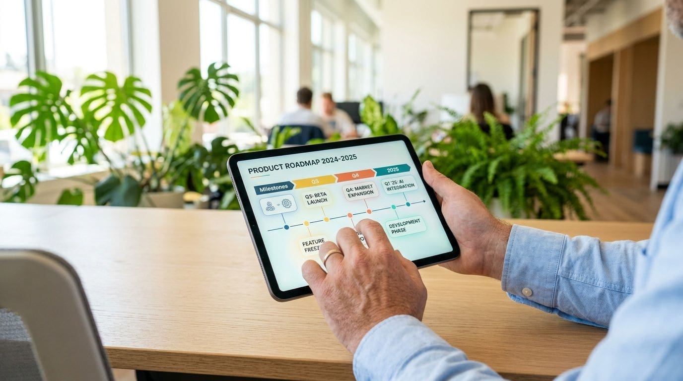 A professional analyzing a digital product roadmap strategy on a tablet in a modern bright office environment.