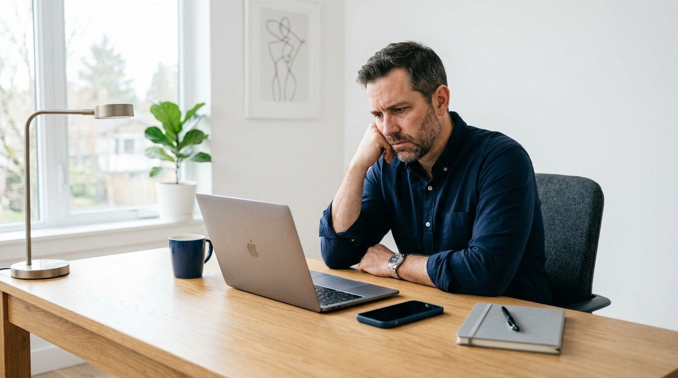 A concerned man sitting at his desk looking at a laptop screen while working from home.