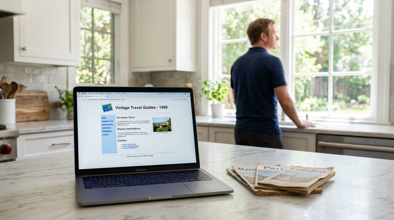 A laptop showing a travel guide website sits on a kitchen counter with a person looking outside.
