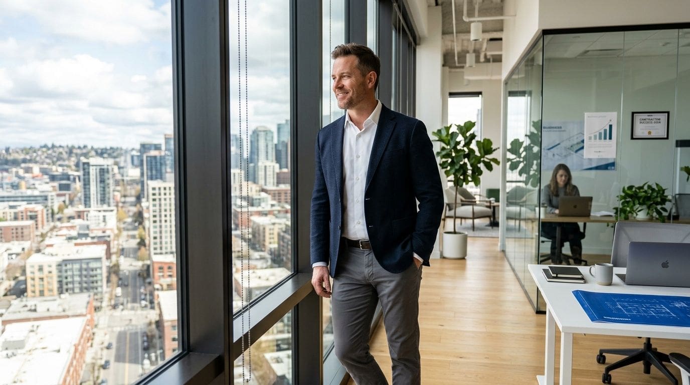 A professional businessman looking out of a large office window overlooking a busy city skyline.