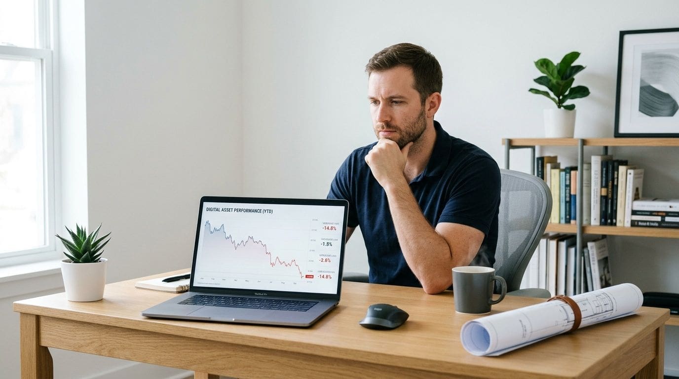A man looks concerned while analyzing a declining digital asset performance chart on his laptop at a desk.