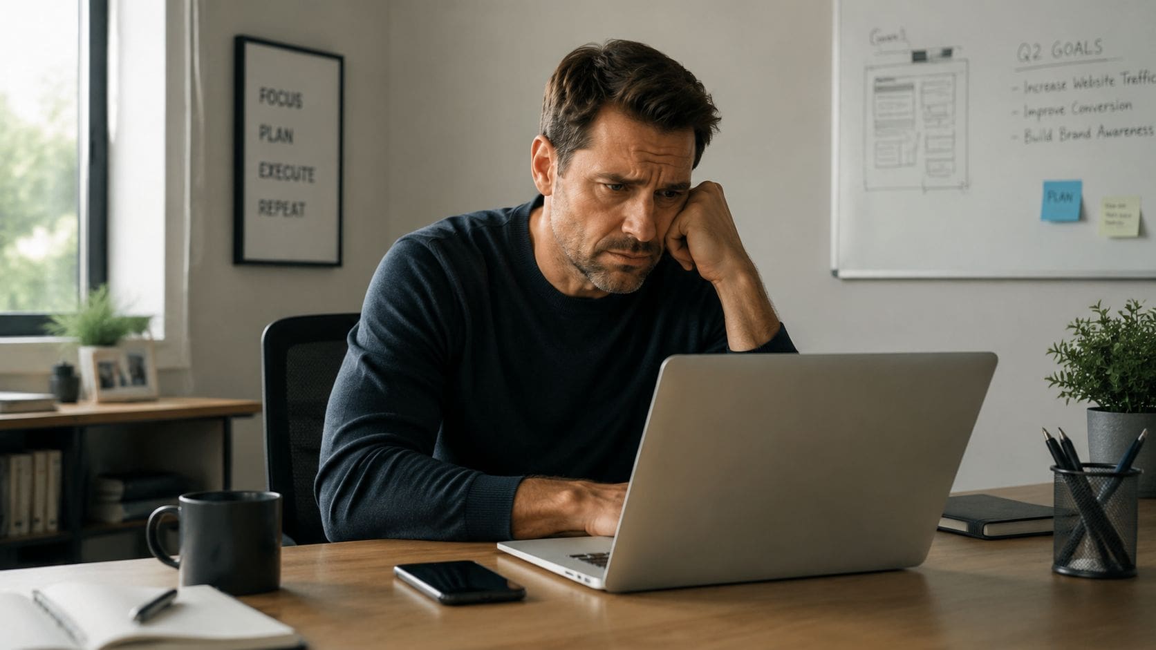 A concerned professional working on his laptop while sitting at a cluttered desk in an office.