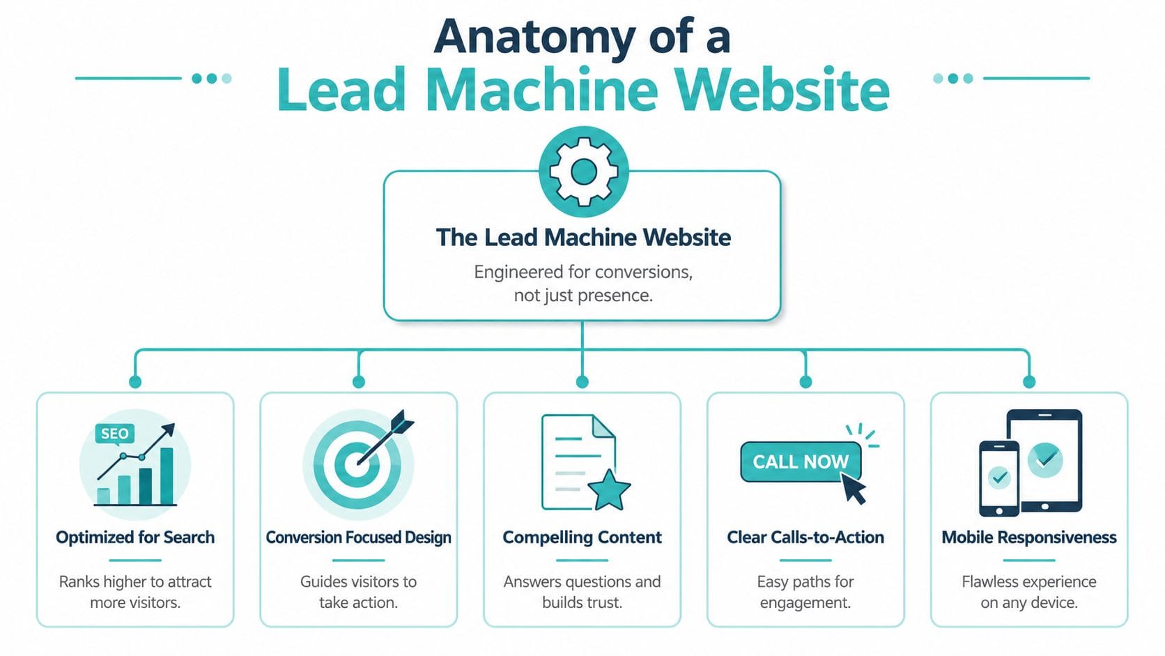 A diagram illustrating the five essential components of a lead-generating website, including design and user engagement strategies.
