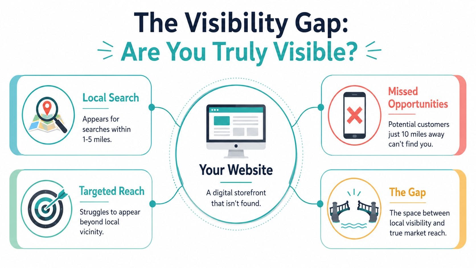 An infographic titled The Visibility Gap showing the disconnect between local search visibility and wider market reach.