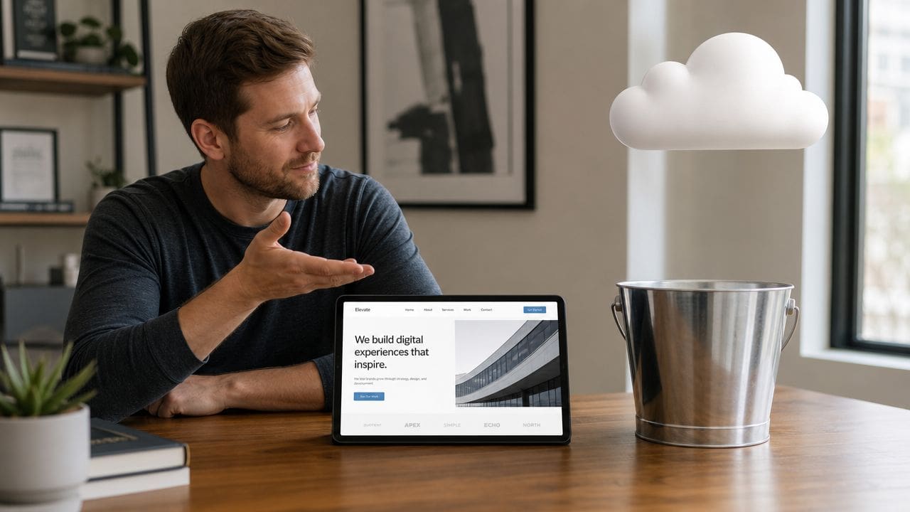 A professional man gesturing toward a tablet displaying a website next to a bucket and floating cloud.