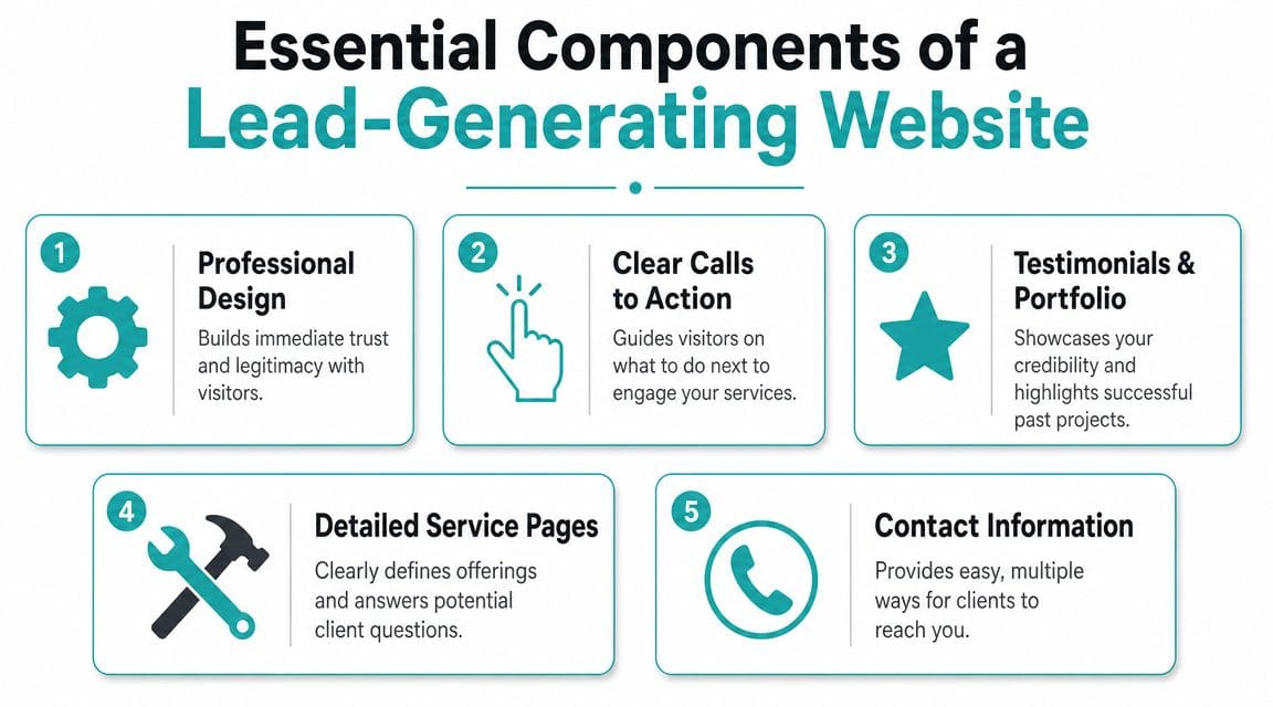 An infographic detailing five essential components for creating an effective lead-generating website for contractors and businesses.
