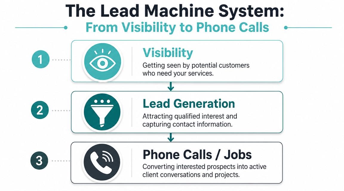 A three-step process diagram labeled The Lead Machine System showing visibility, lead generation, and phone calls.