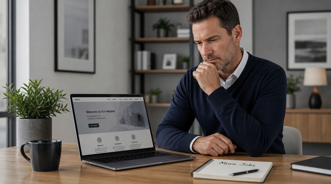 A professional man sitting at a desk thoughtfully reviewing website content on a laptop computer.