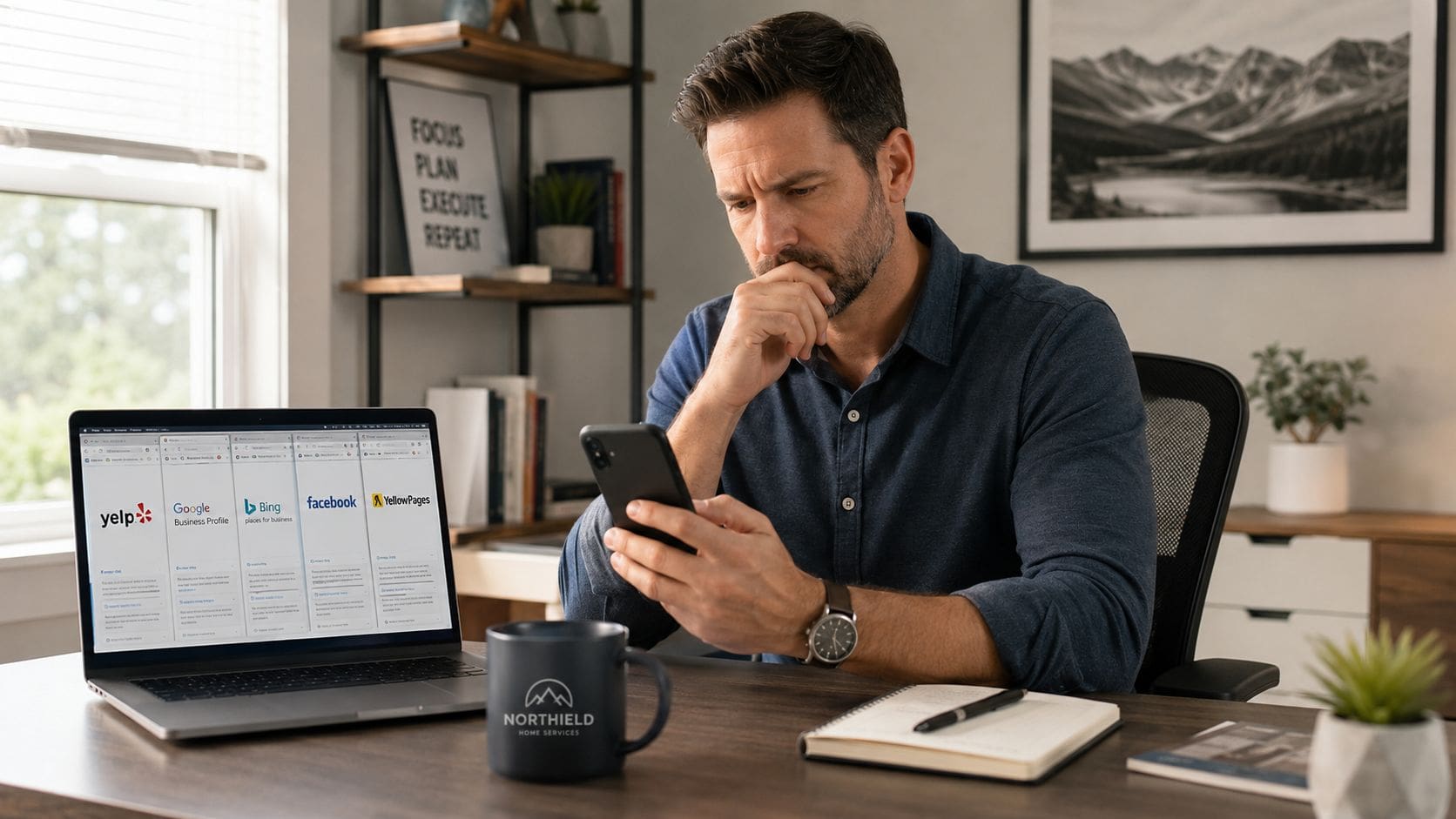 A professional man checking online business directory listings on his smartphone while working in an office.