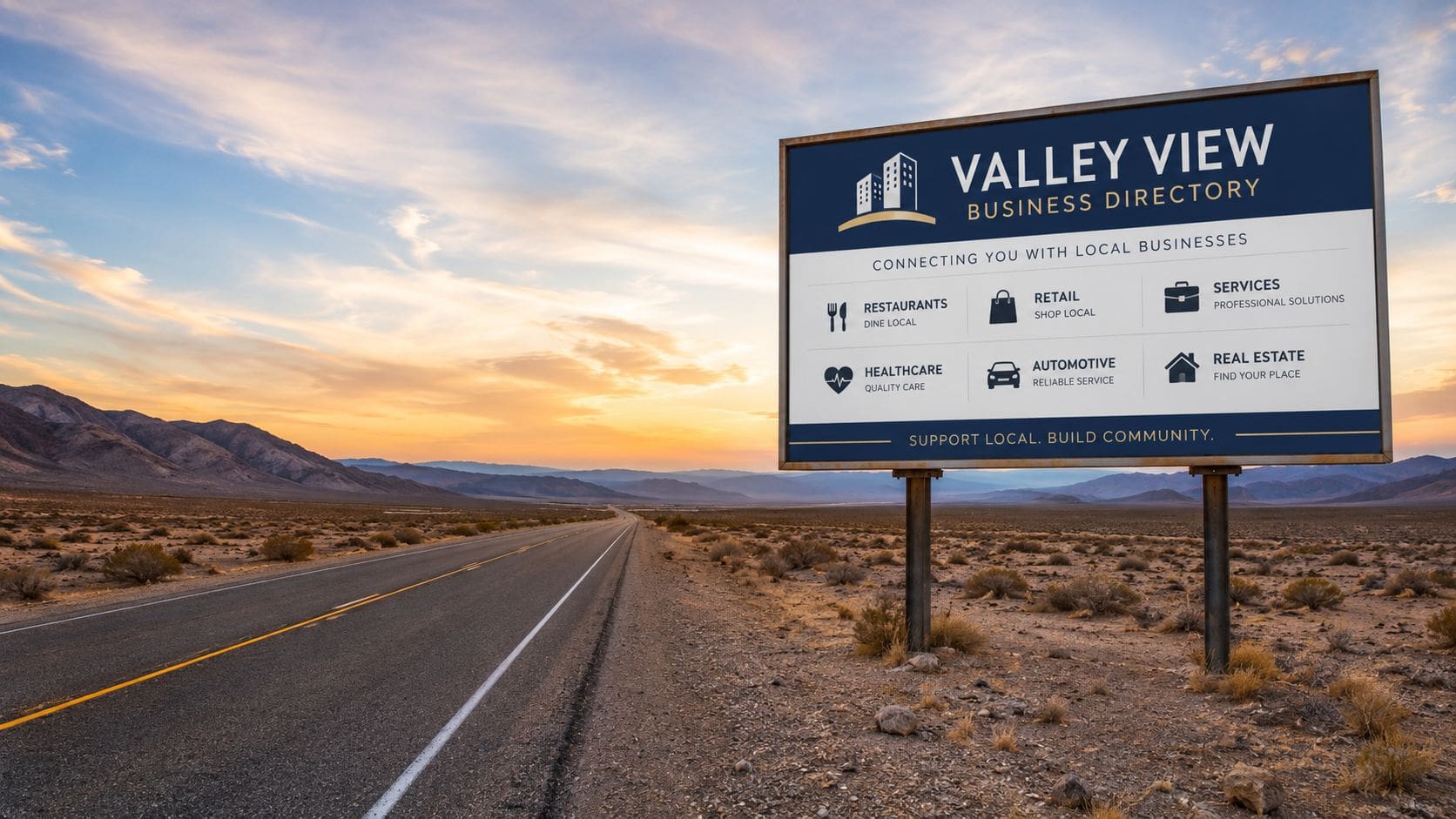 A large business directory sign stands beside a desolate desert road under a beautiful sunset sky.