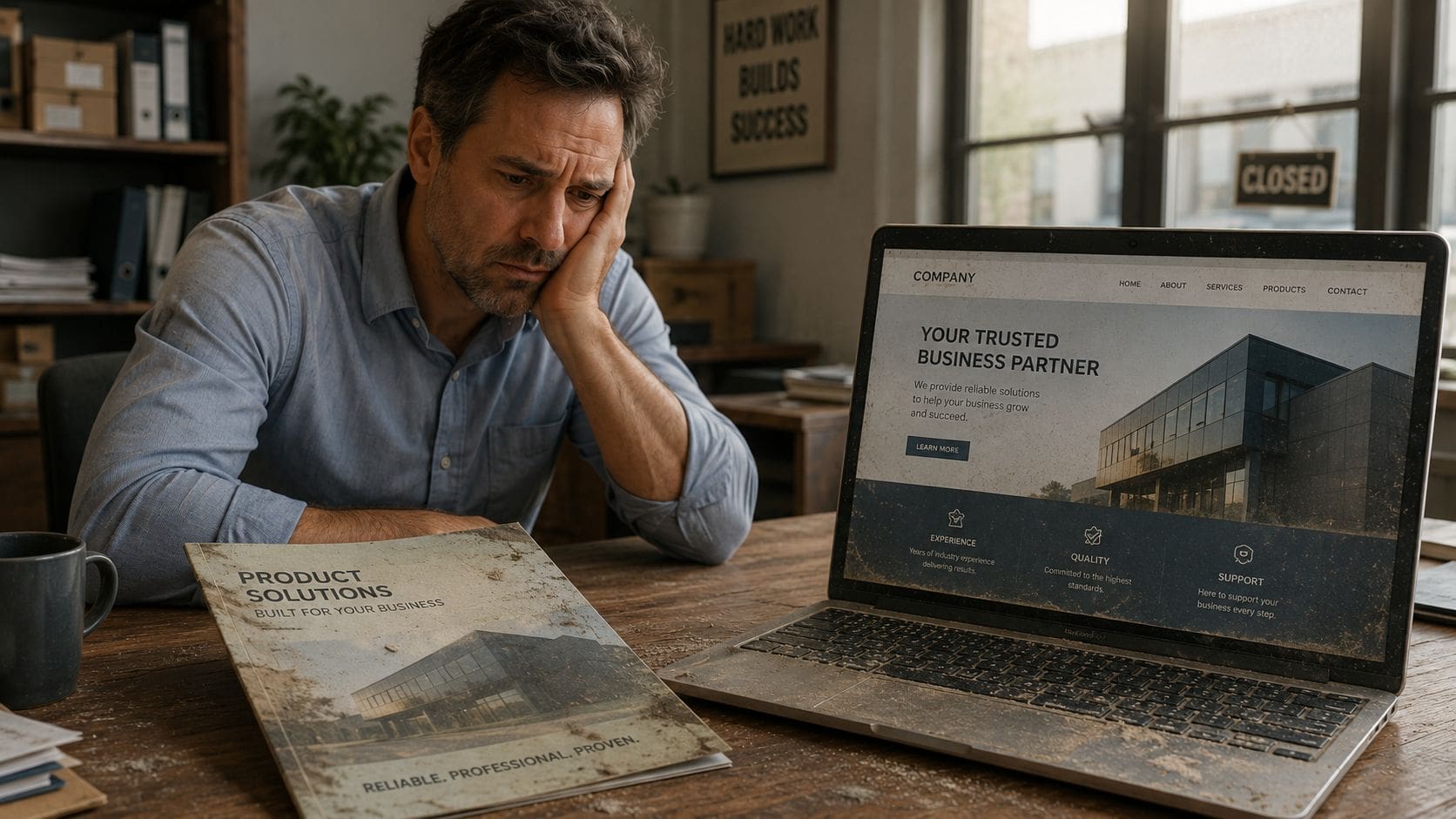 A tired business owner looking at a laptop and marketing brochure in a dusty office environment.