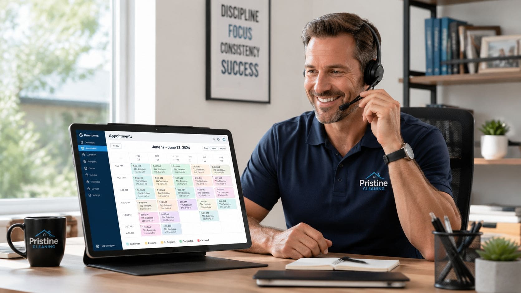 A professional man with a headset smiles while using a laptop to manage cleaning service appointments.