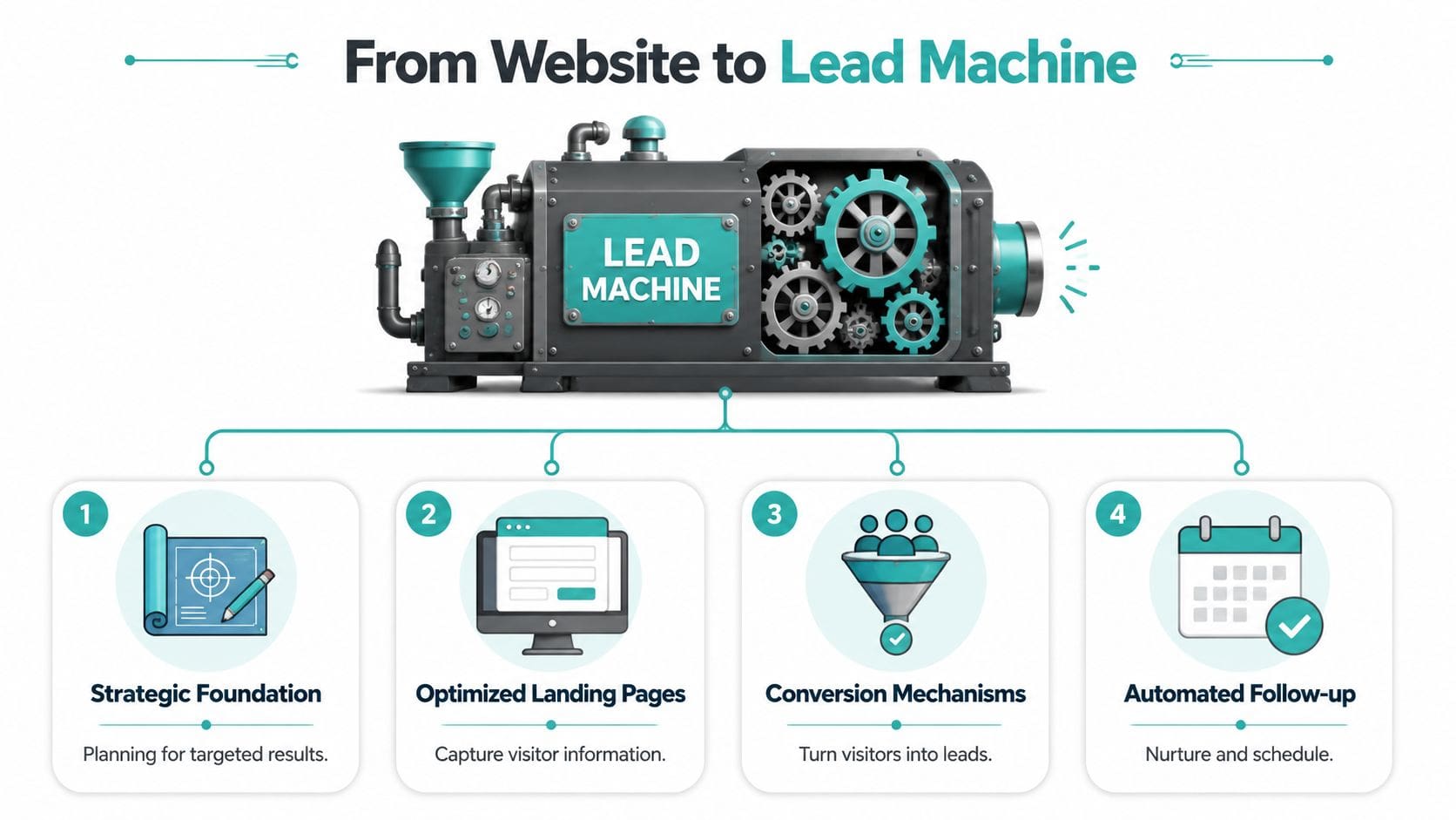 A diagram illustrating the four steps to transform a business website into an automated lead generation machine.